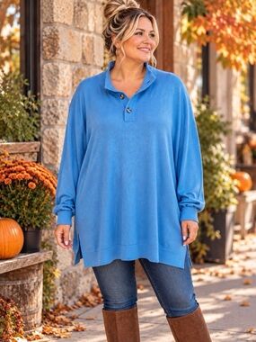 Lands’ End 3X Blue Oversized Tunic Sweater Cotton Blend Button Collar